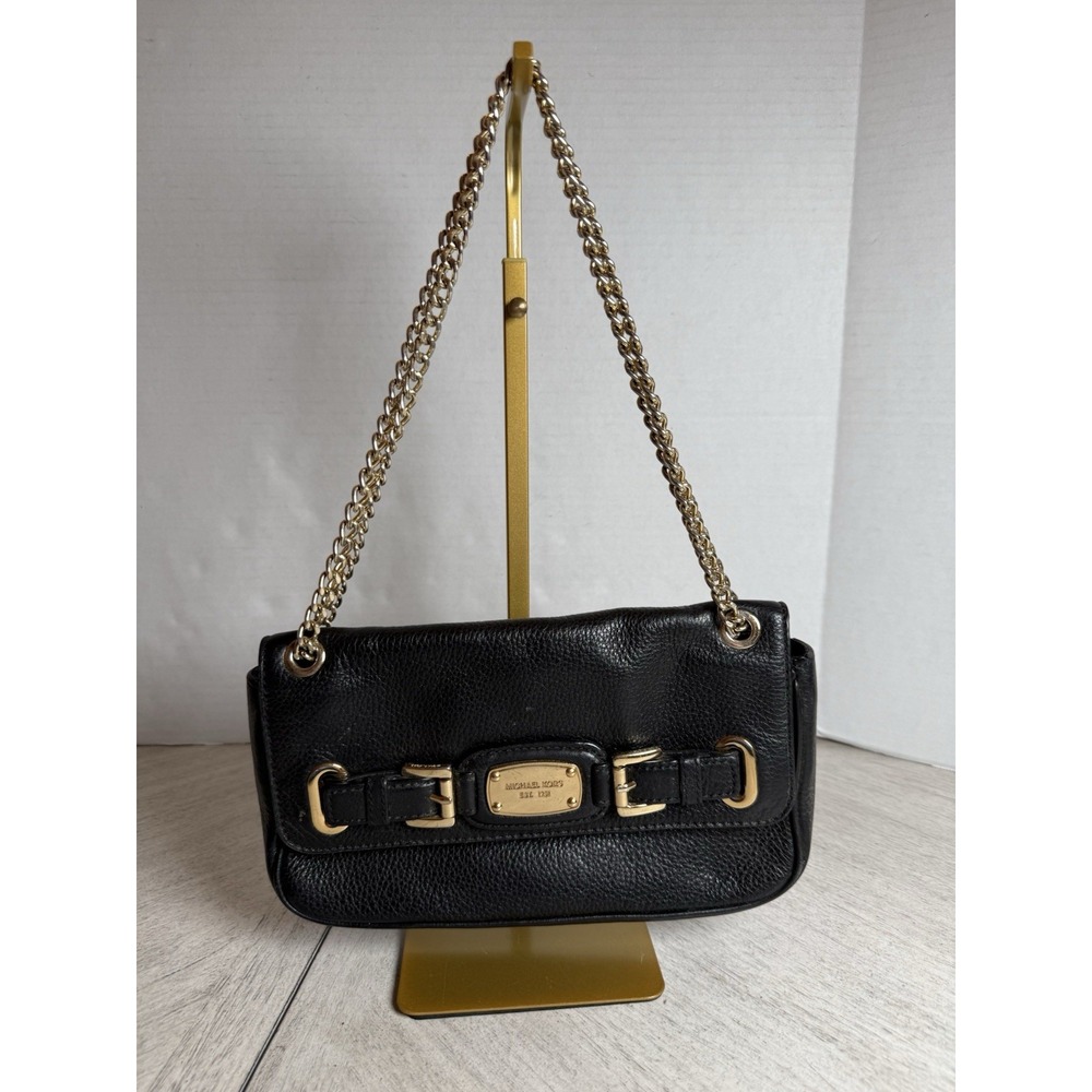 Michael Kors Hamilton Black Leather Flap Shoulder Bag Purse Gold Chain Buckle